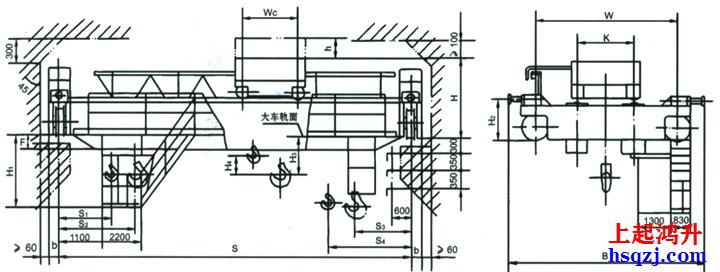 32噸雙梁吊鉤橋式起重機(jī)外形結(jié)構(gòu)圖