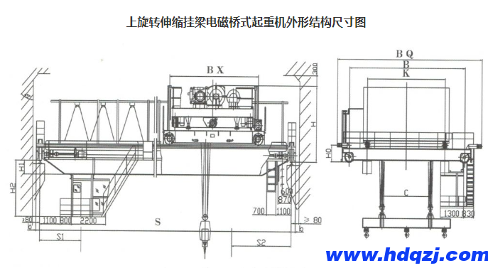 上旋轉伸縮掛梁電磁橋式起重機